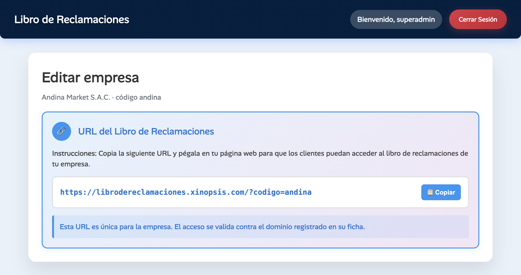 Ficha de empresa con la URL del libro de reclamaciones y el botón para copiarla
