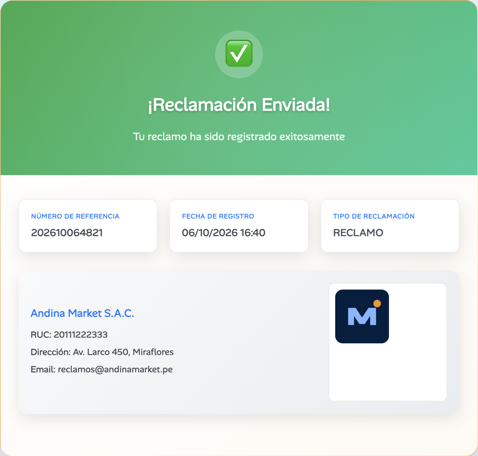 Pantalla de confirmación con el número de referencia del reclamo
