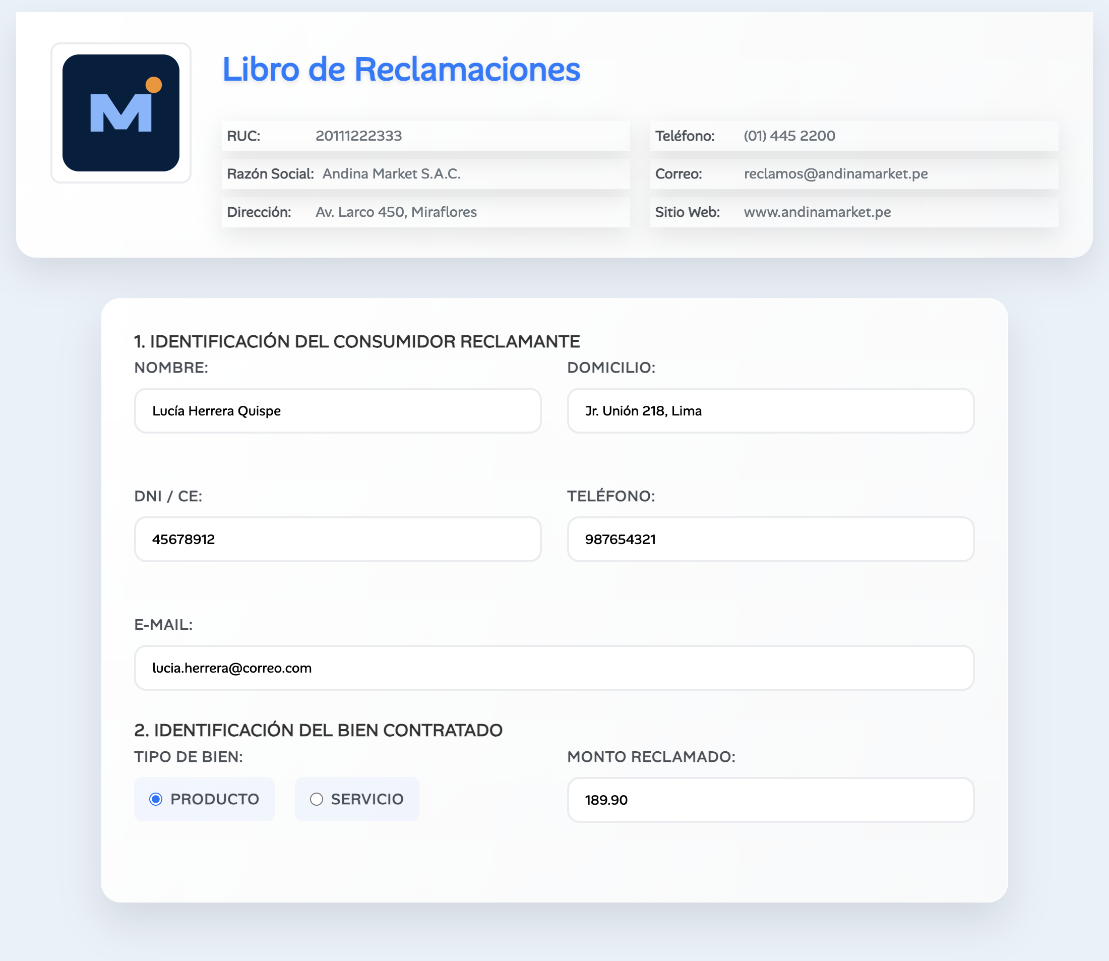 Formulario público del libro de reclamaciones, con los datos de la empresa y la identificación del consumidor