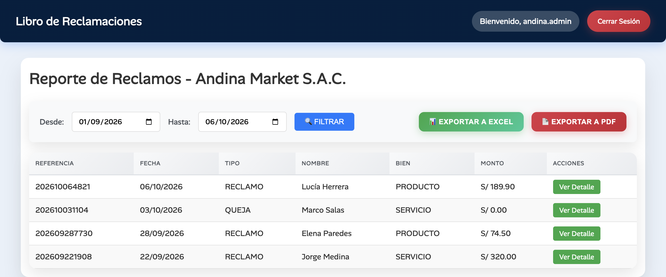Reporte interno de reclamos con filtros de fecha y botones de exportación